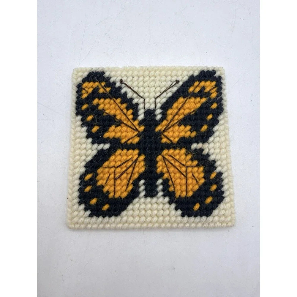 VTG 5 Butterfly Monarch + Handmade Plastic Canvas Coaster Sets w/ Basket Holder